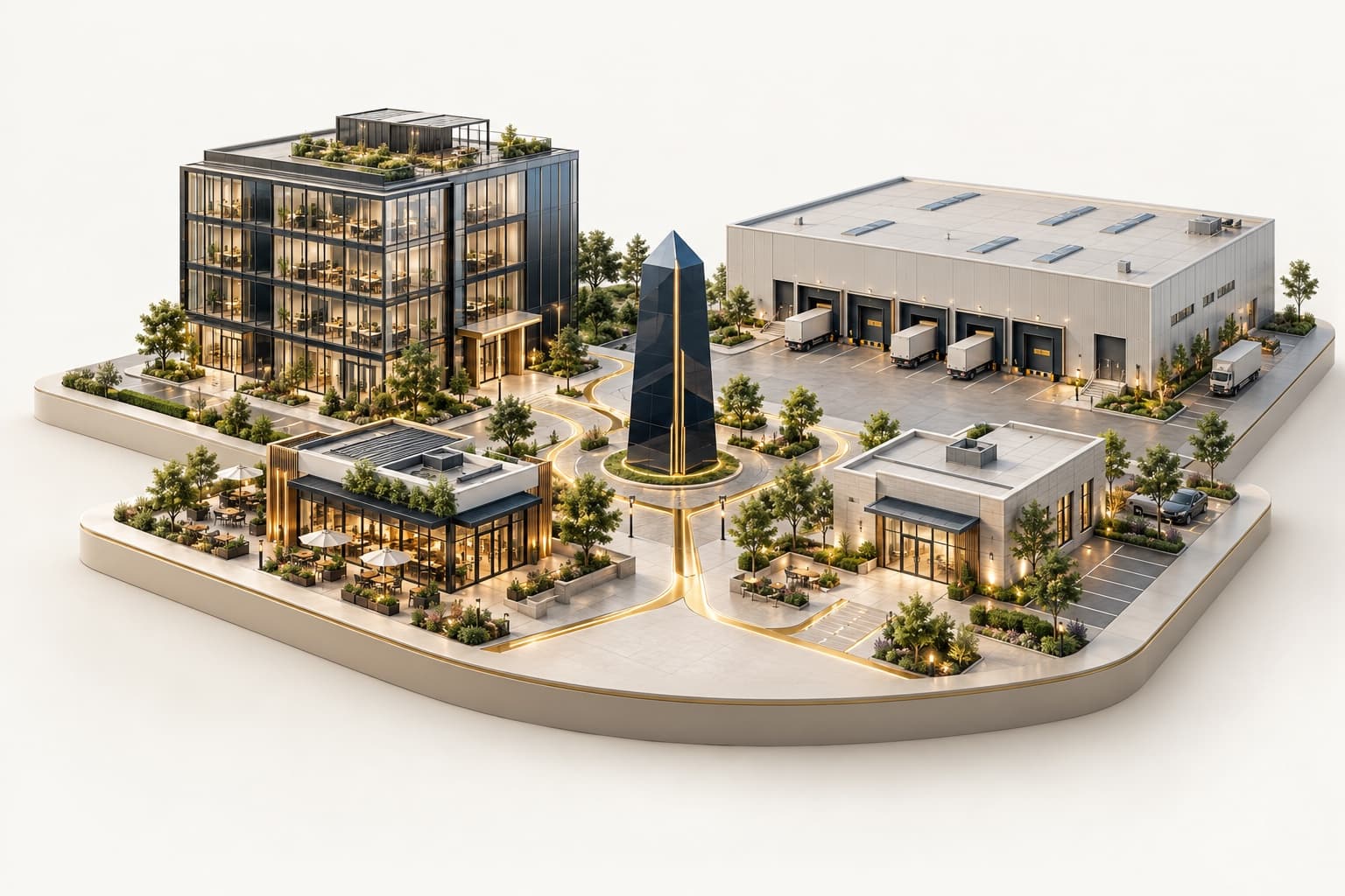 An integrated commercial campus with an office tower, retail pavilion and logistics warehouse, all tracked on one registry